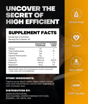 Gummies de créatine DR.BIO avec des ingrédients sur une table