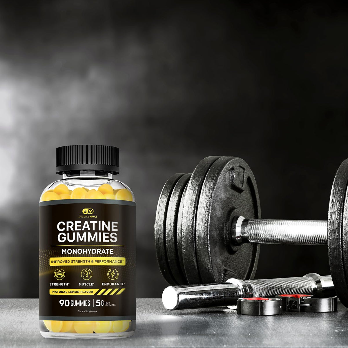 Gummies de créatine Effective Nutra avec des fruits frais en arrière-plan