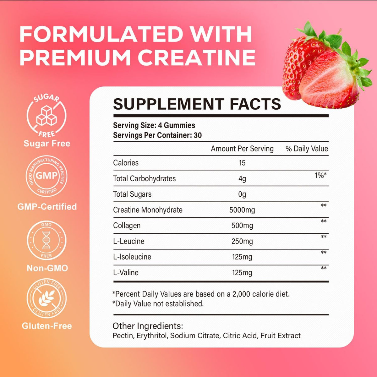 Gummies de créatine eterlower avec ingrédients sur fond blanc