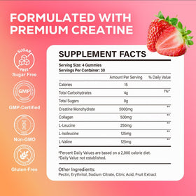 Gummies de créatine eterlower avec ingrédients sur fond blanc