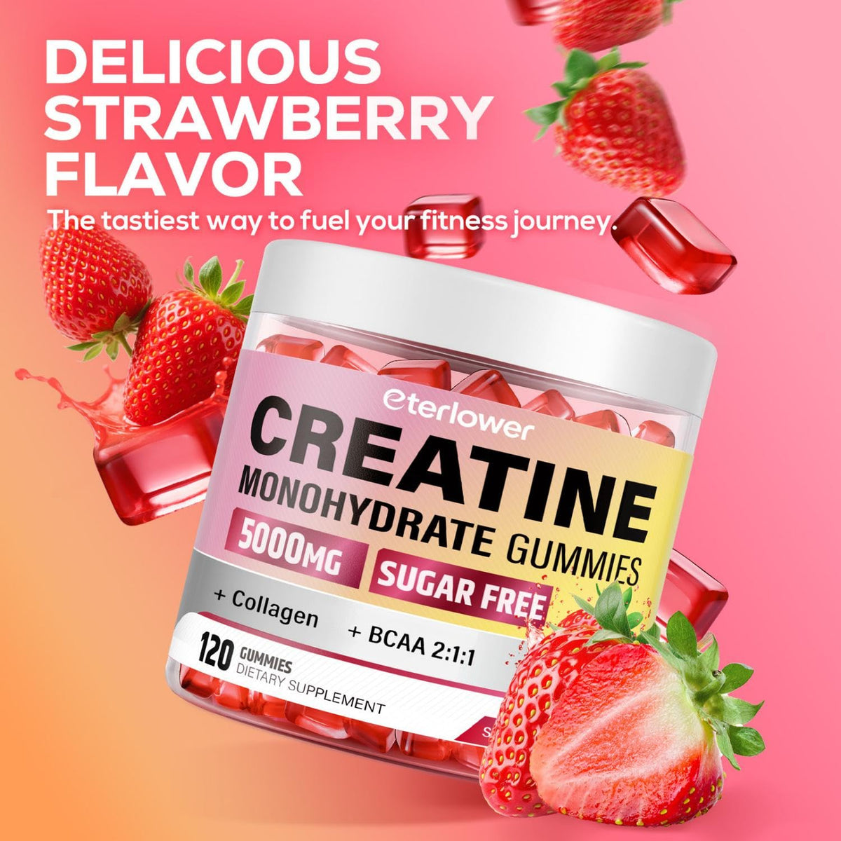 Gummies de créatine eterlower avec saveur fraise sur fond blanc