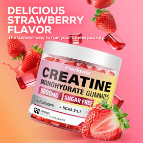 Gummies de créatine eterlower avec saveur fraise sur fond blanc