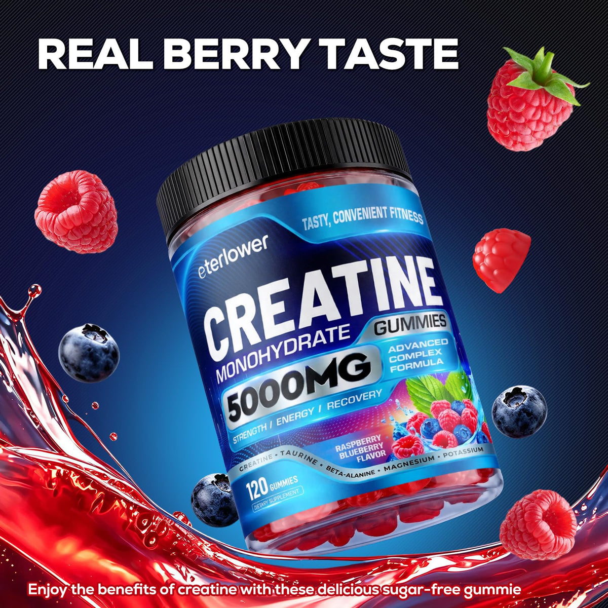 Gummies de créatine eterlower avec un fond de fruits