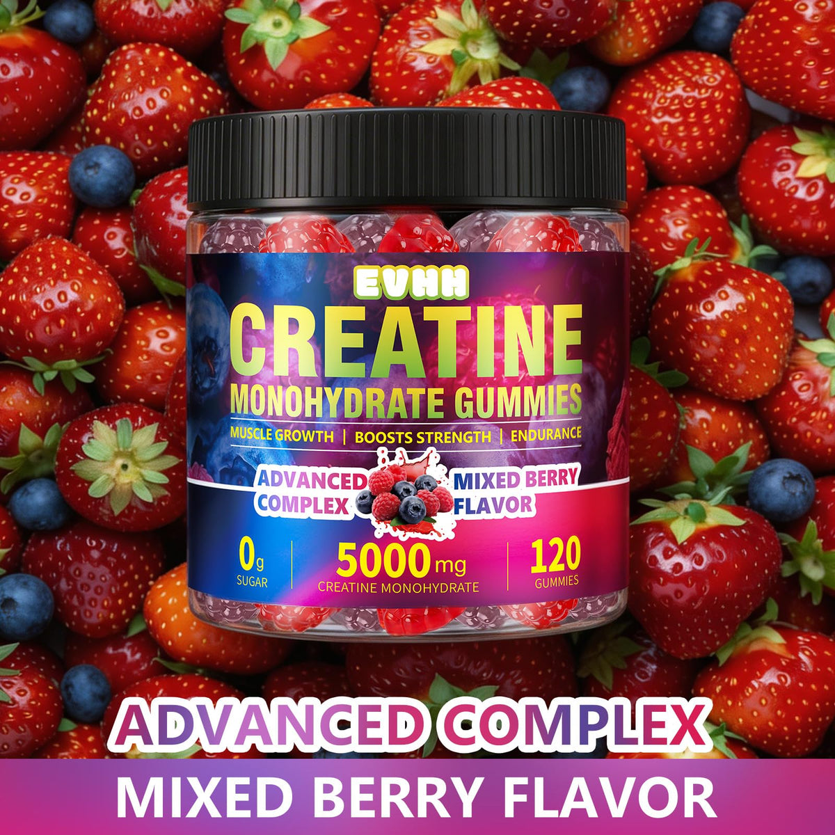 Gummies de créatine EVHH, emballage ouvert montrant les gummies