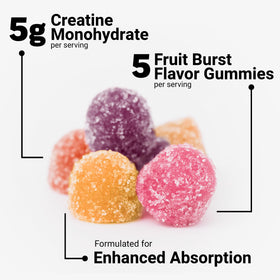 Gummies de créatine Force Factor sur une table avec fruits