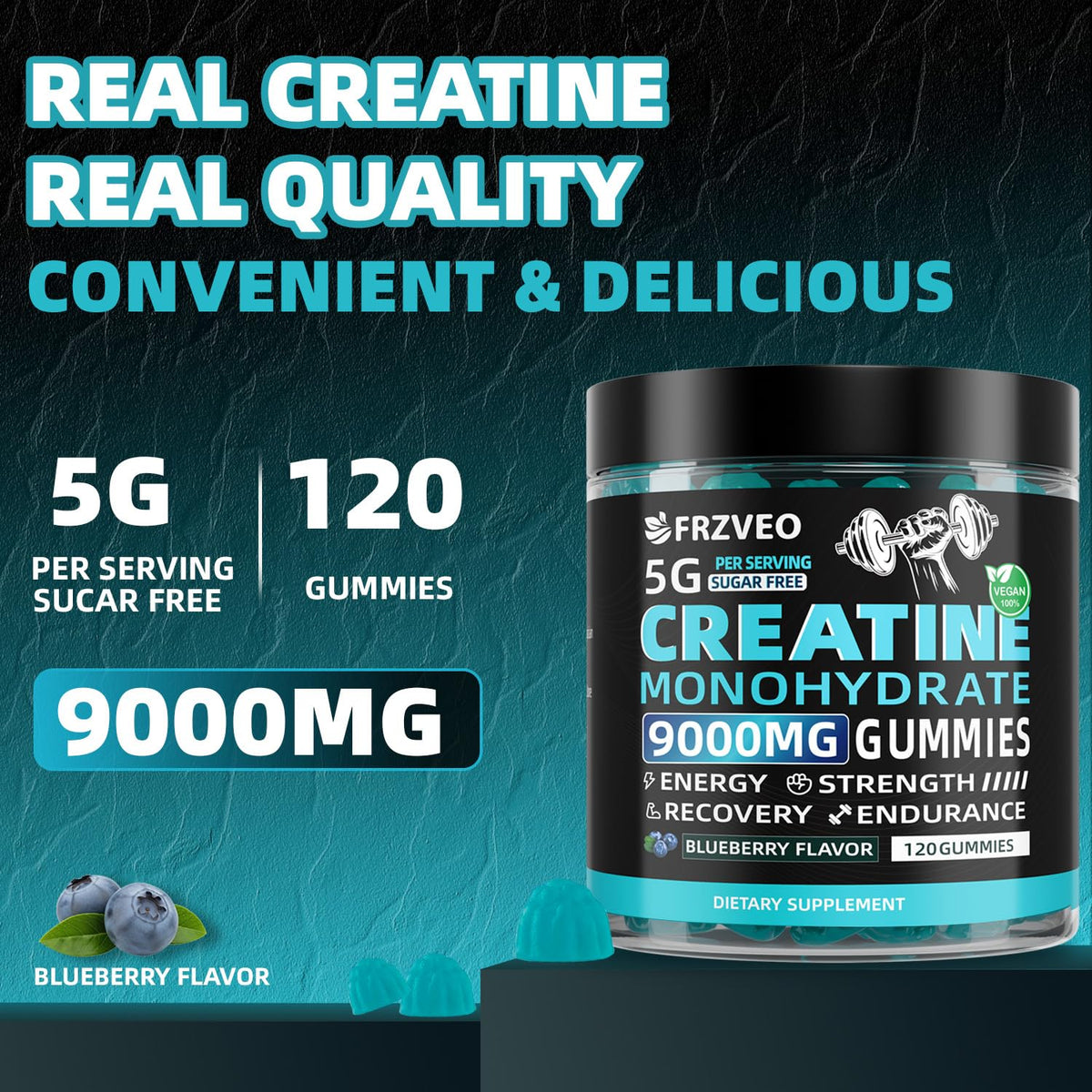 Gummies de créatine FRZVEO en main, démontrant la taille et la texture