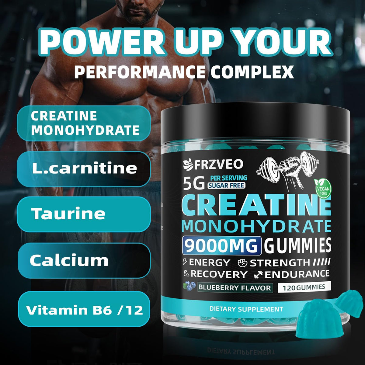 Gummies de créatine FRZVEO, vue rapprochée des gummies à la myrtille