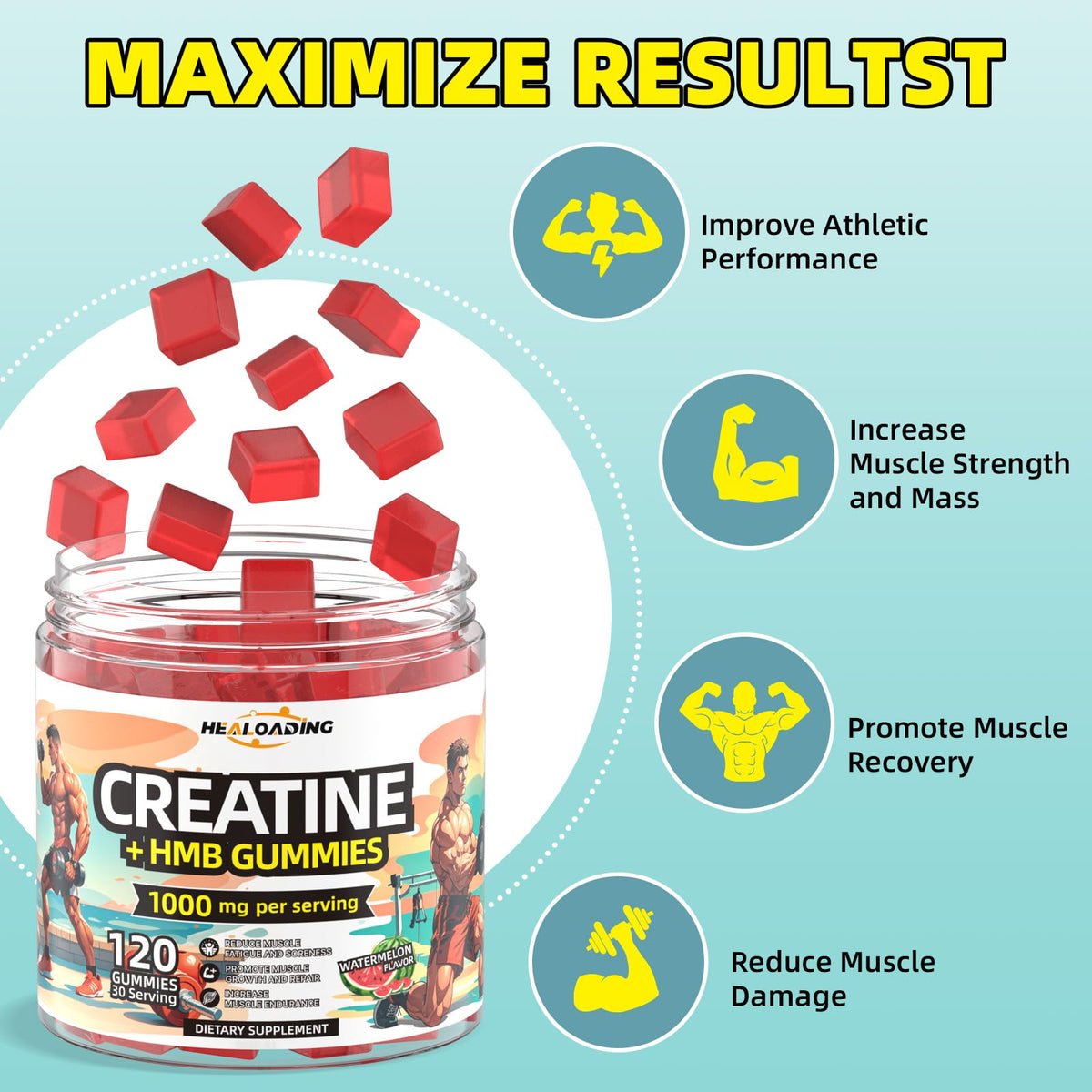 Gummies de créatine HMB HEALOADING sur fond blanc