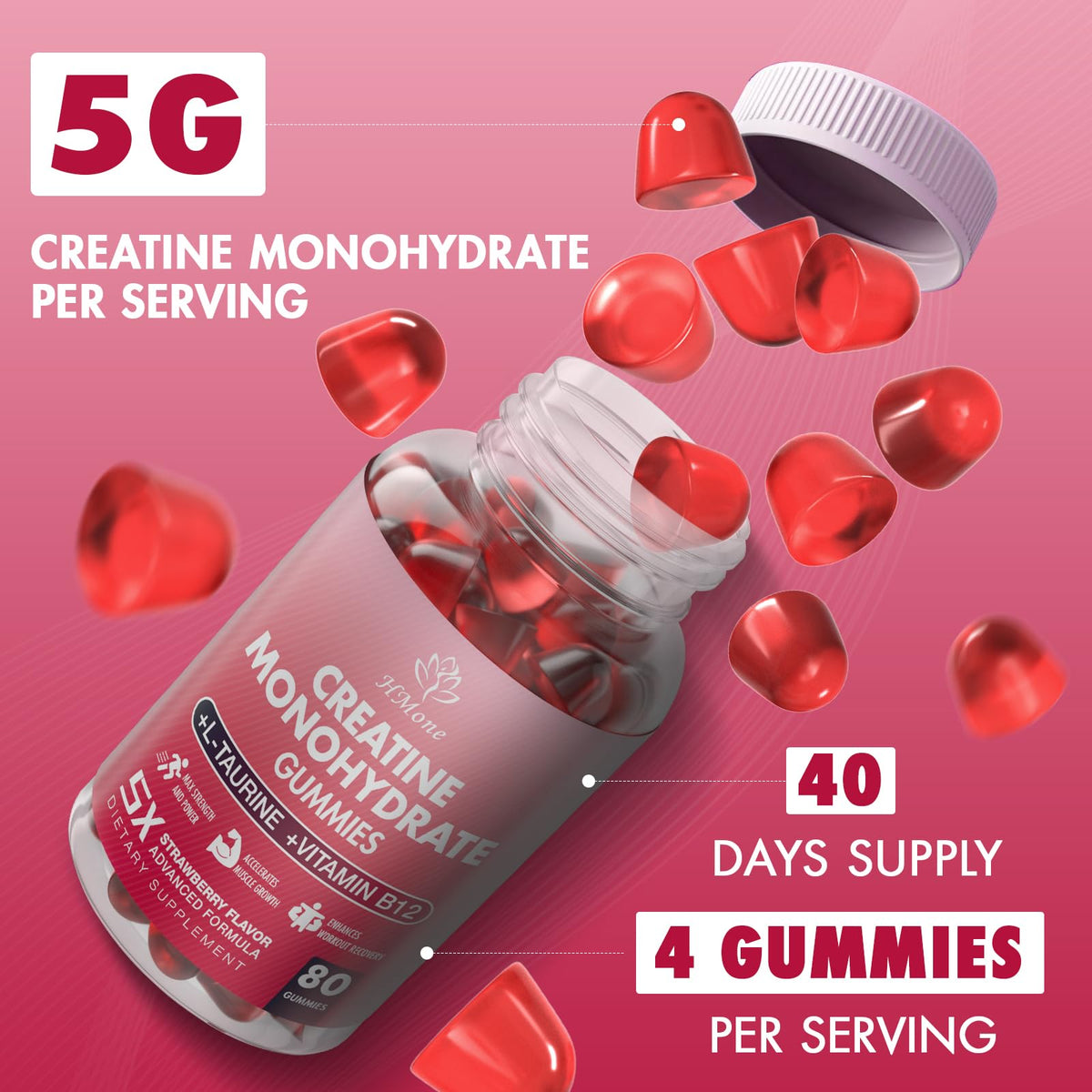 Gummies de créatine HMone montrant la texture et la couleur fraise
