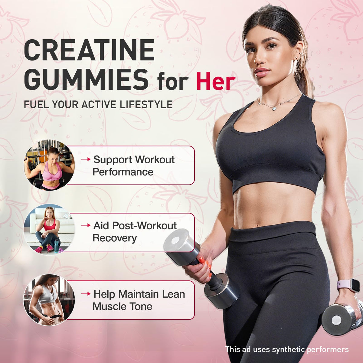 Gummies de Créatine Hoozzch à côté d'une main pour comparaison