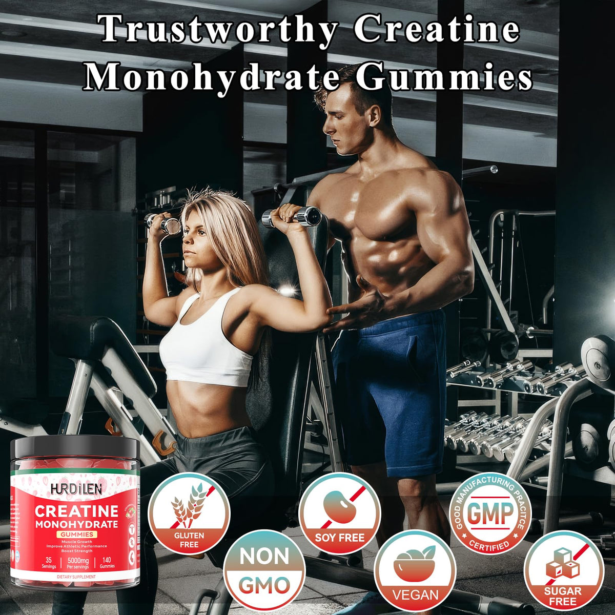 Gummies de créatine Hurdilen à côté d'accessoires de fitness