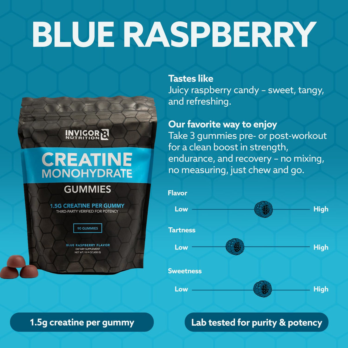 Gummies de créatine INVIGOR8, affichant leur couleur framboise bleue