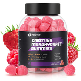 Gummies de créatine IRIDESICENT et fruits frais en arrière-plan