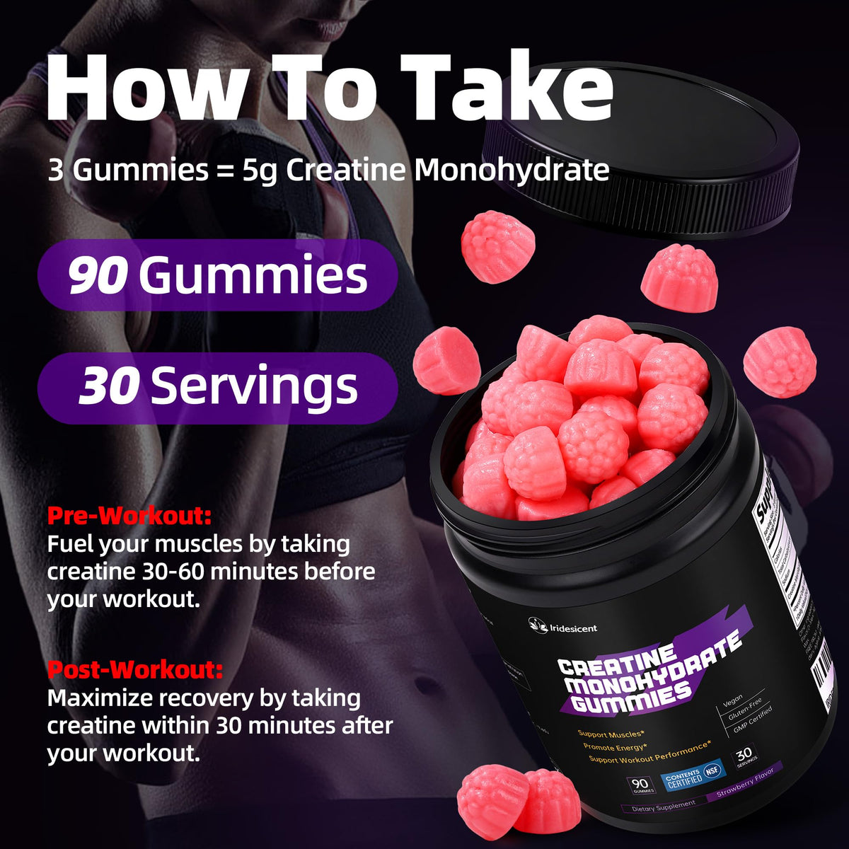 Gummies de créatine IRIDESICENT présentés dans une main