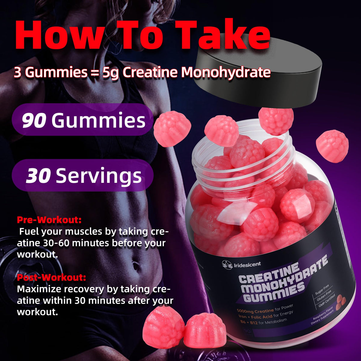Gummies de créatine IRIDESICENT sur un fond en bois