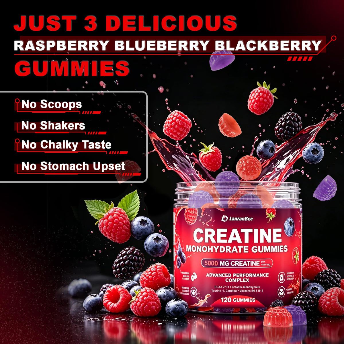 Gummies de créatine LanranBee, pot ouvert avec gummies visibles