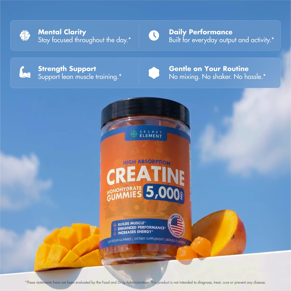 Gummies de créatine mangue, format pratique et sans sucre