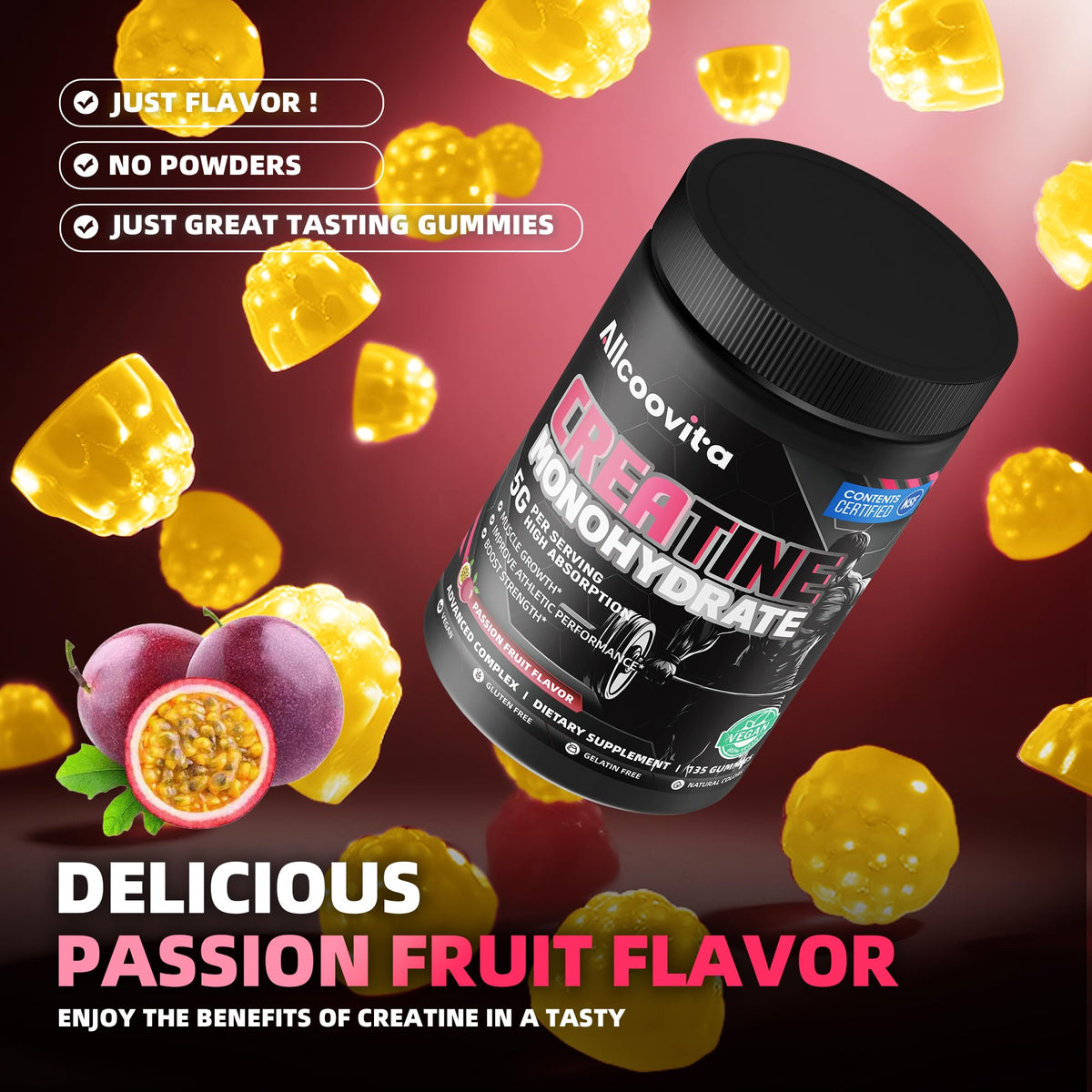 Gummies de créatine monohydrate Allcoovita avec étiquette détaillée