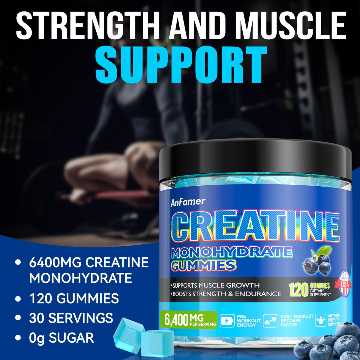Gummies de créatine monohydrate AnFamer, vue de près, couleur bleue