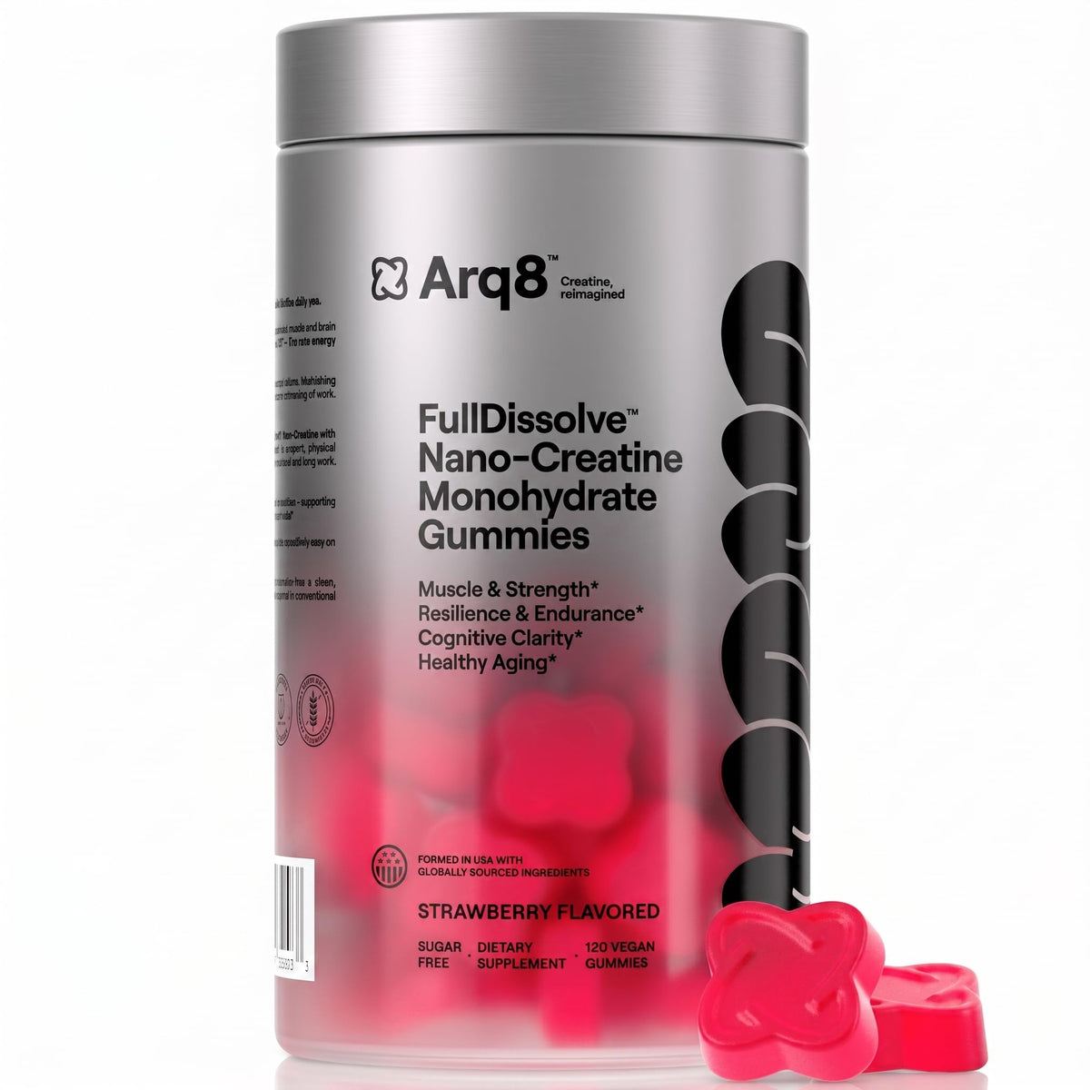 Gummies de créatine monohydrate ARQ8 LONGEVITY, vue de face, emballage