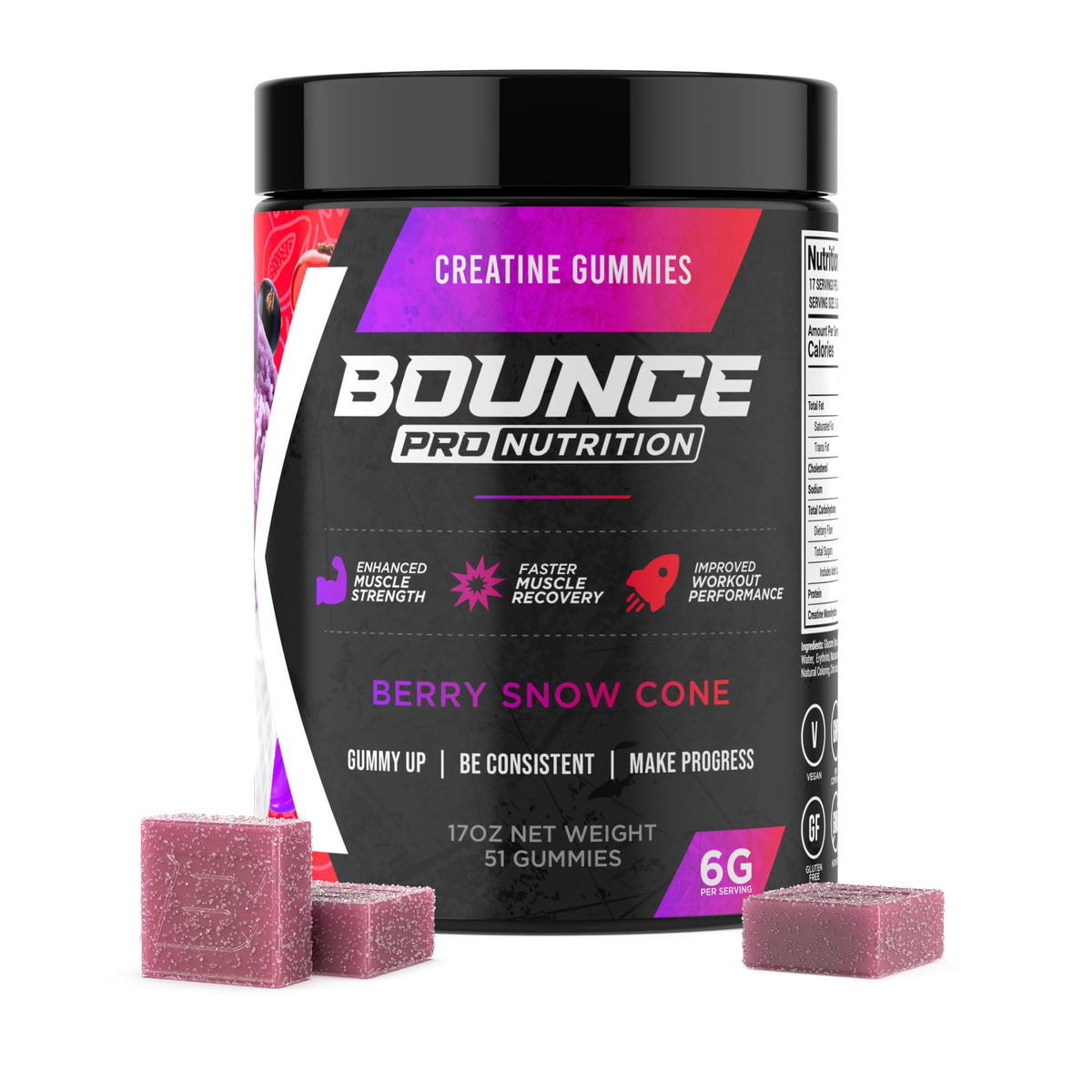 Gummies de créatine monohydrate Bounce Pro 51ct, saveur Berry Snow Cone