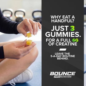 Gummies de créatine monohydrate Bounce Pro, affichant le logo Bounce Pro