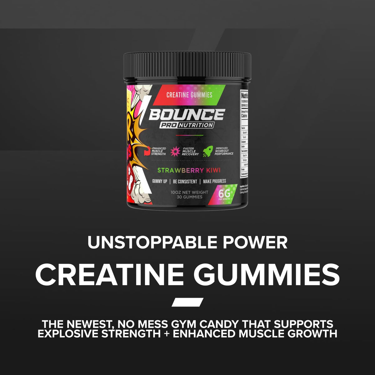 Gummies de Créatine Monohydrate Bounce Pro alignées sur une table