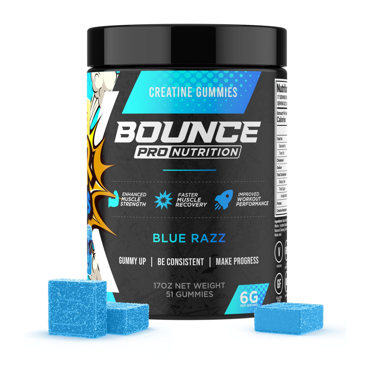 Gummies de créatine monohydrate Bounce Pro bleu en vue de face