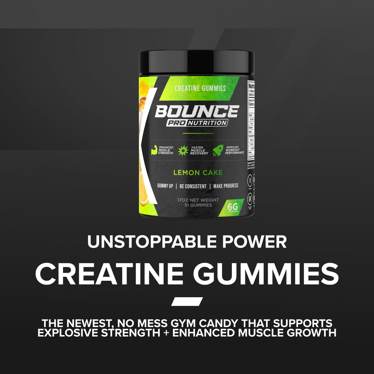 Gummies de créatine monohydrate Bounce Pro dans un bol, vue de haut