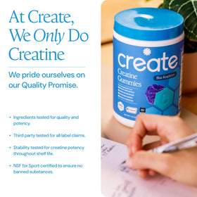 Gummies de créatine monohydrate Create, avec une main tenant un gummy