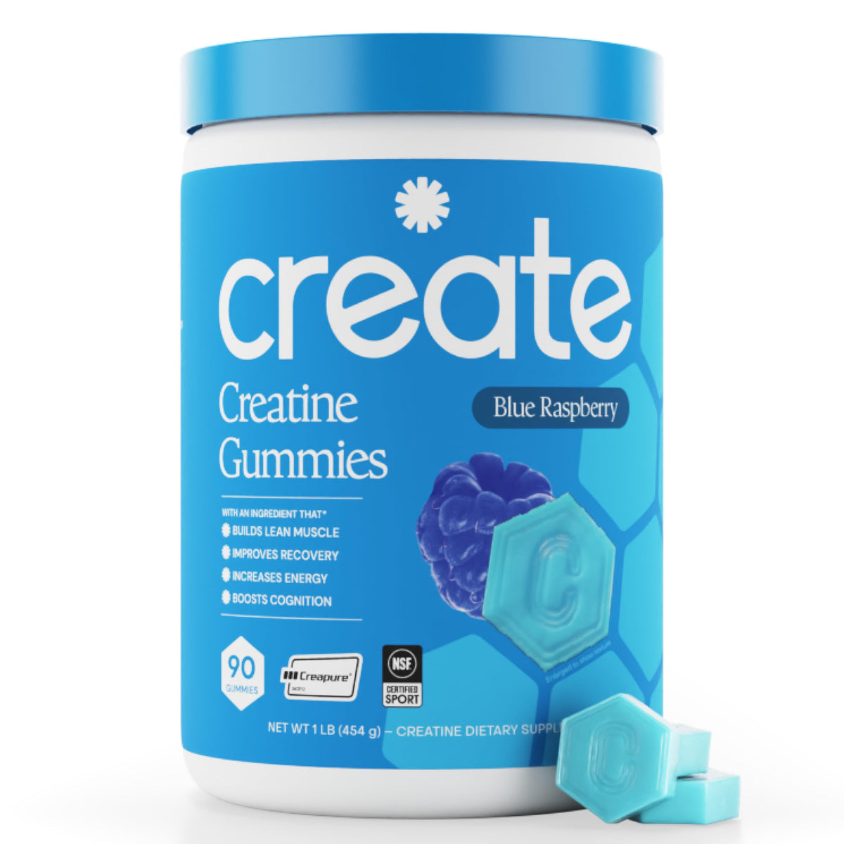 Gummies de créatine monohydrate Create en framboise bleue, vue de face