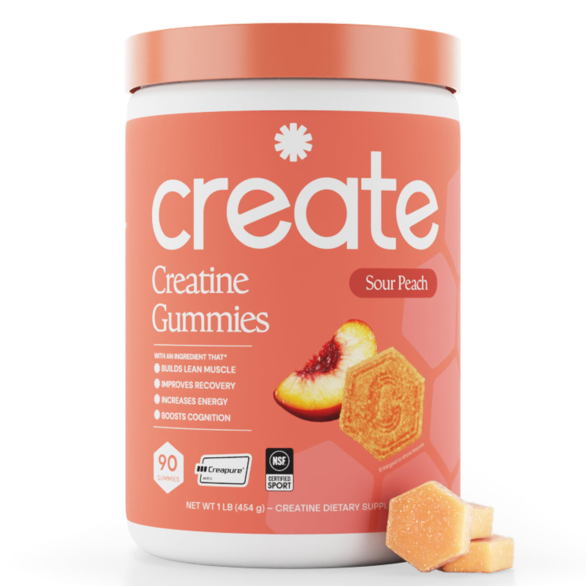 Gummies de créatine monohydrate Create goût pêche acidulée, vue de face