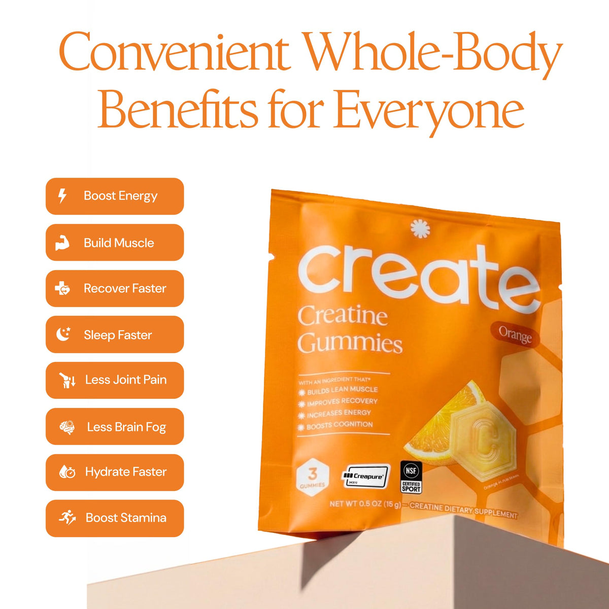 Gummies de créatine monohydrate Create, prise en main avec sachet