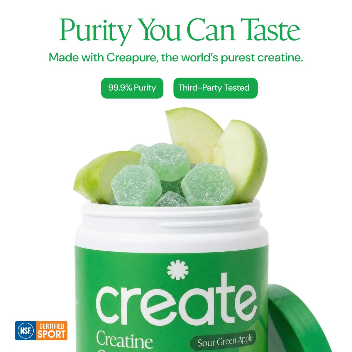 Gummies de Créatine Monohydrate Create sur un fond coloré