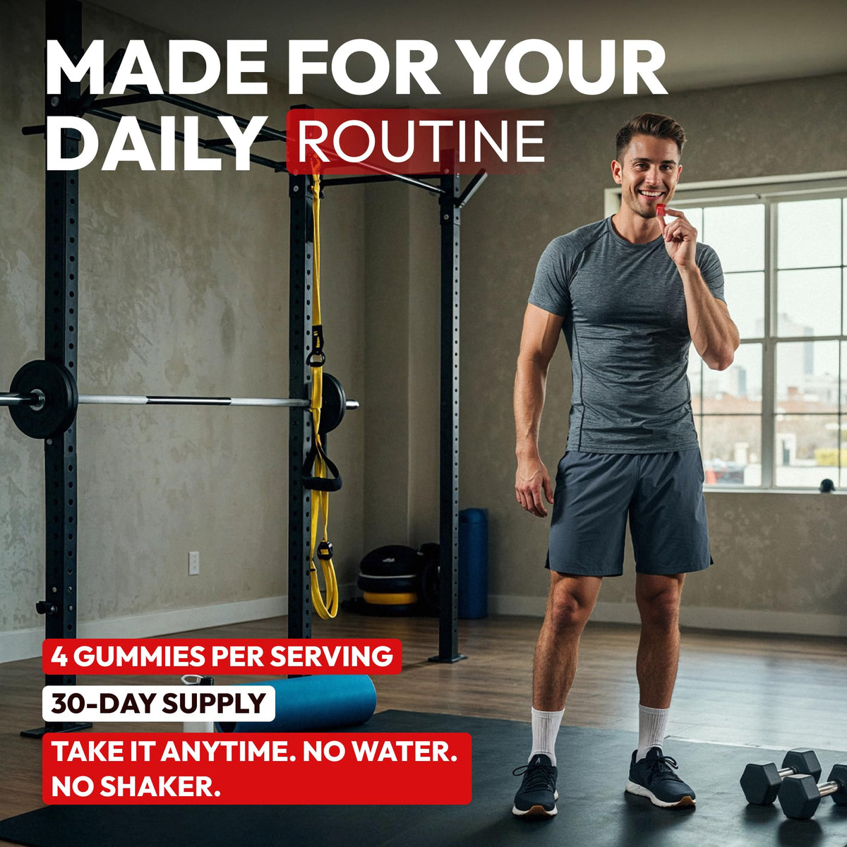 Gummies de Créatine Monohydrate dans une main, présentation lifestyle