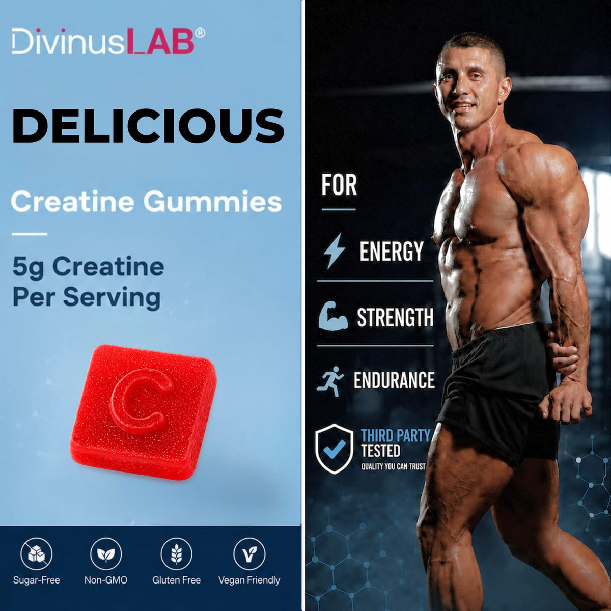 Gummies de Créatine Monohydrate DivinusLab à côté de poids de gym