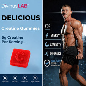 Gummies de Créatine Monohydrate DivinusLab à côté de poids de gym