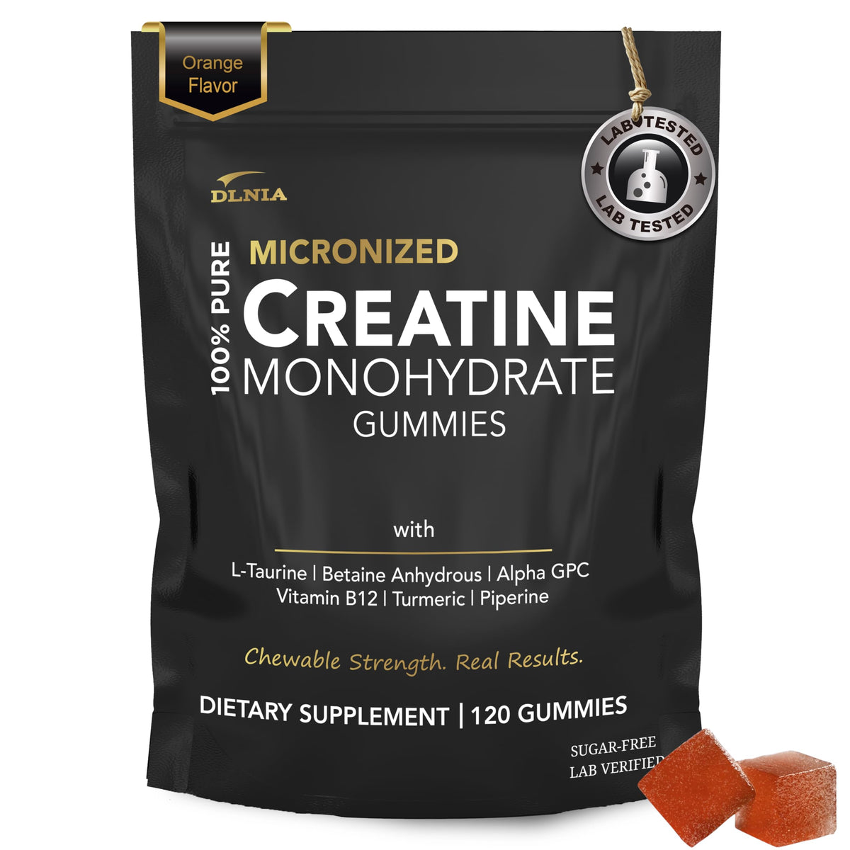Gummies de créatine monohydrate DLNIA, pot orange de 120 gummies
