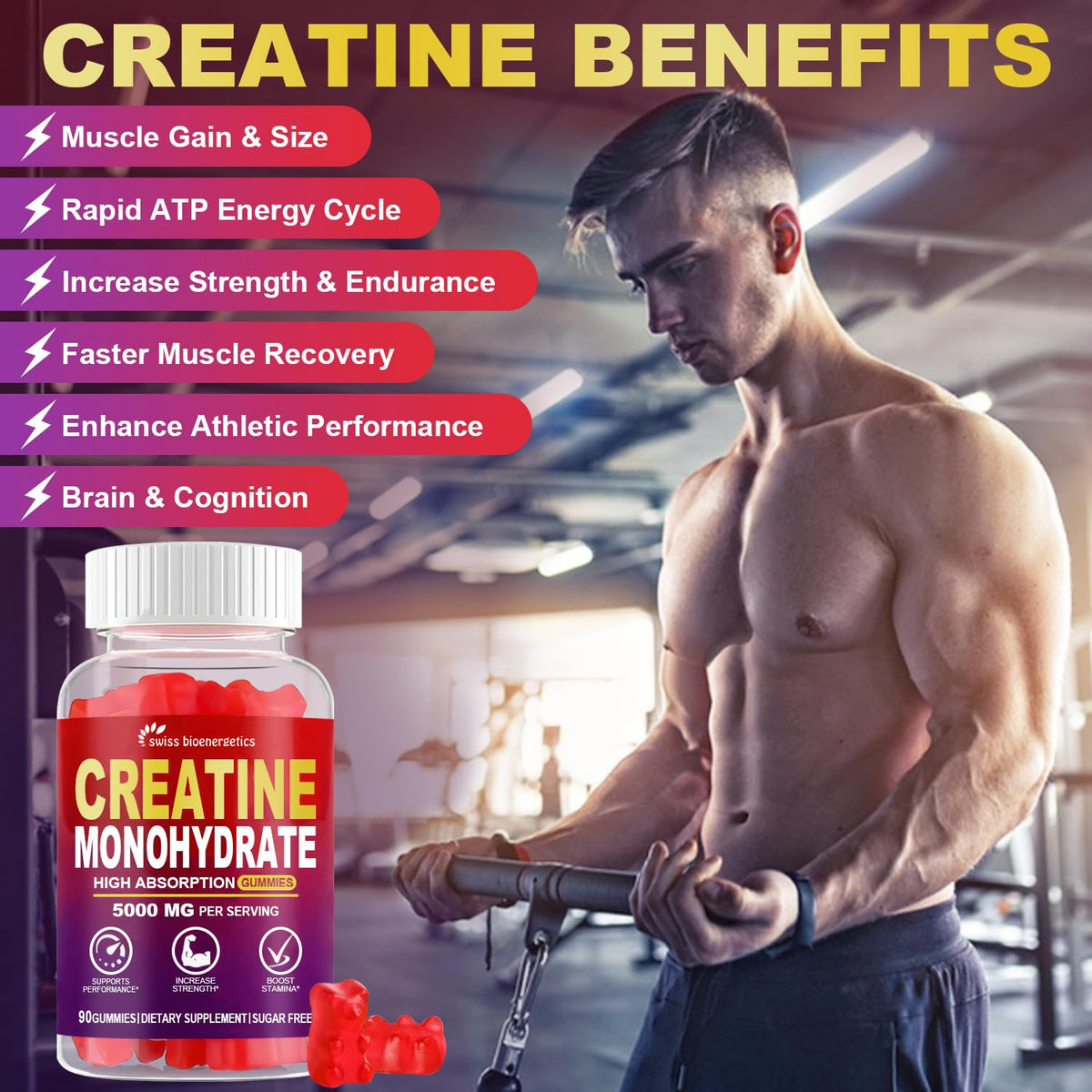 Gummies de créatine monohydrate en gros plan montrant la texture