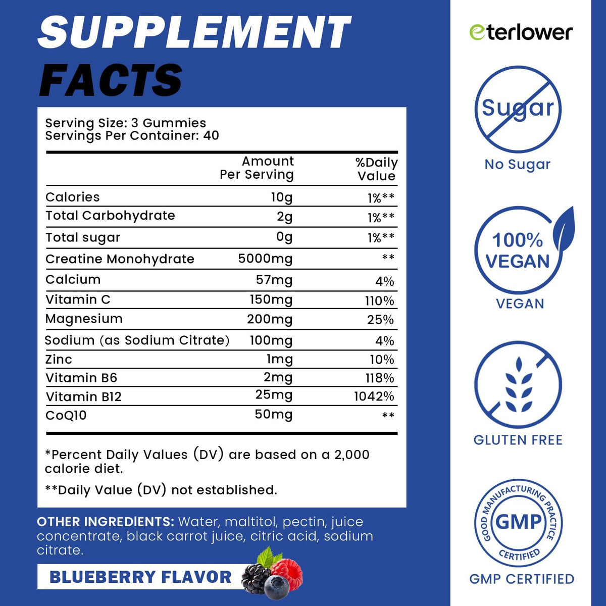 Gummies de créatine monohydrate eterlower, ingrédients listés sur l'étiquette