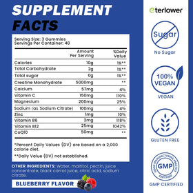 Gummies de créatine monohydrate eterlower, ingrédients listés sur l'étiquette