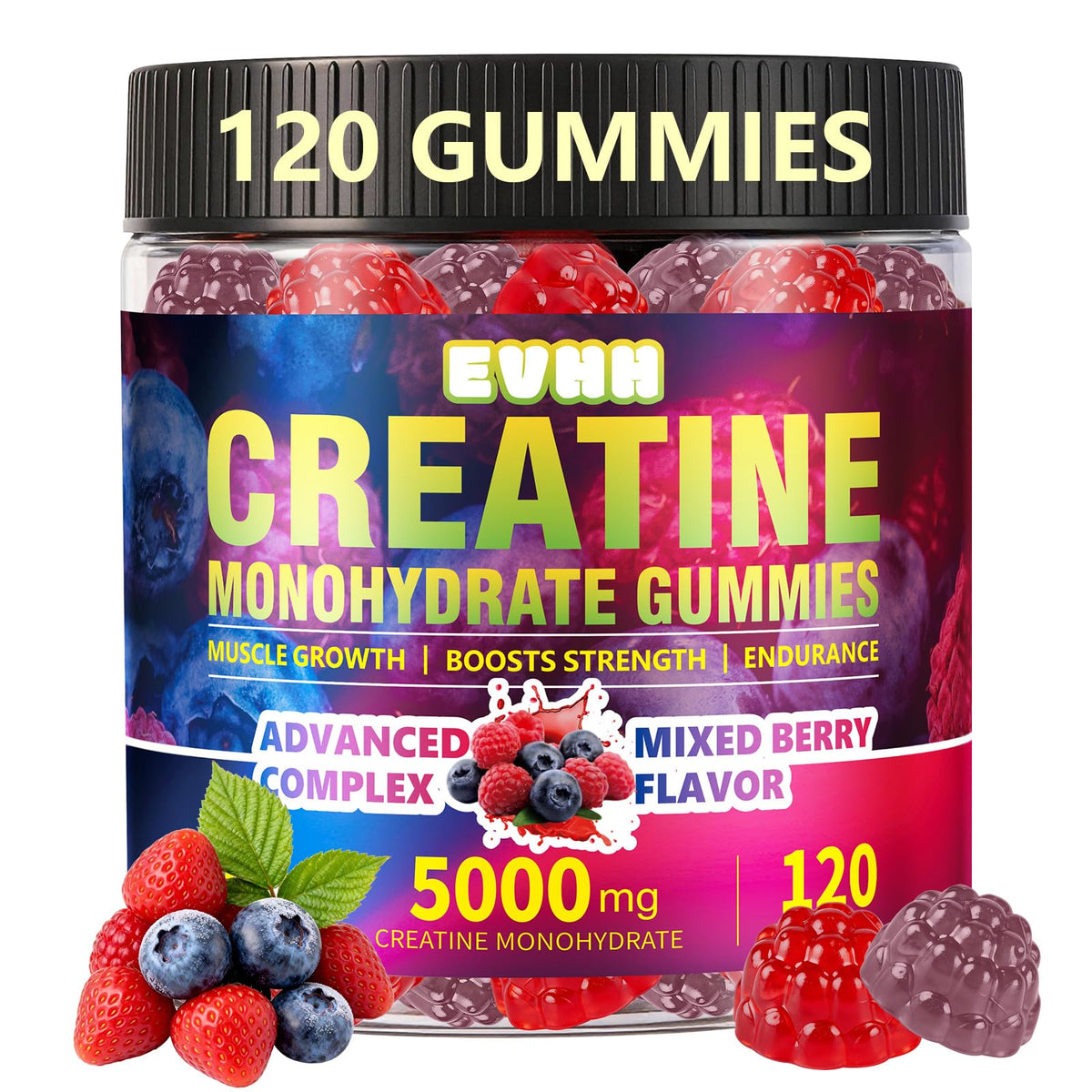 Gummies de créatine monohydrate EVHH 5000mg saveur baies mélangées, vue de face