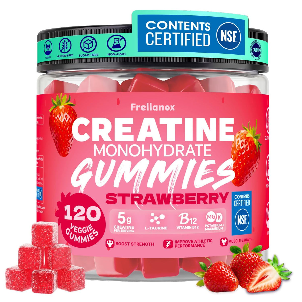 Gummies de créatine monohydrate Frellanox 5000mg saveur fraise, vue de face