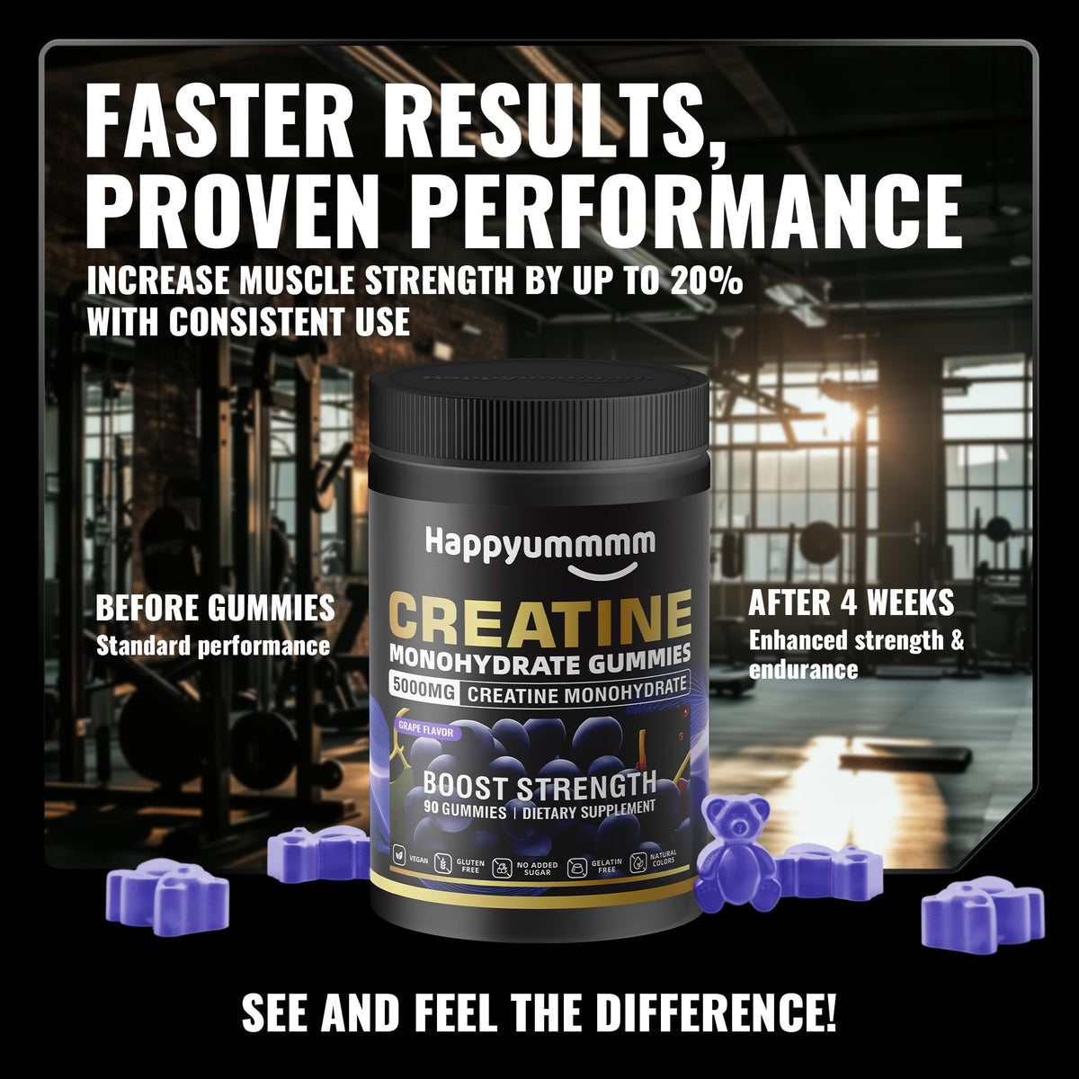 Gummies de créatine monohydrate Happyummmm nutrition, arrière du packaging