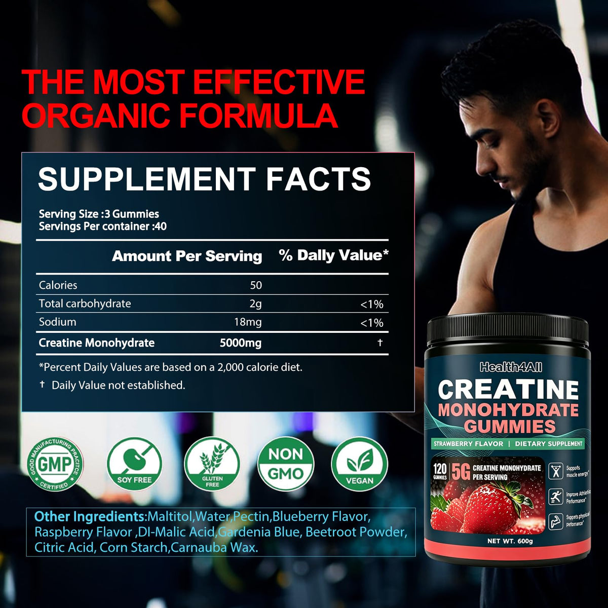 Gummies de créatine monohydrate Health4All avec ingrédients détaillés
