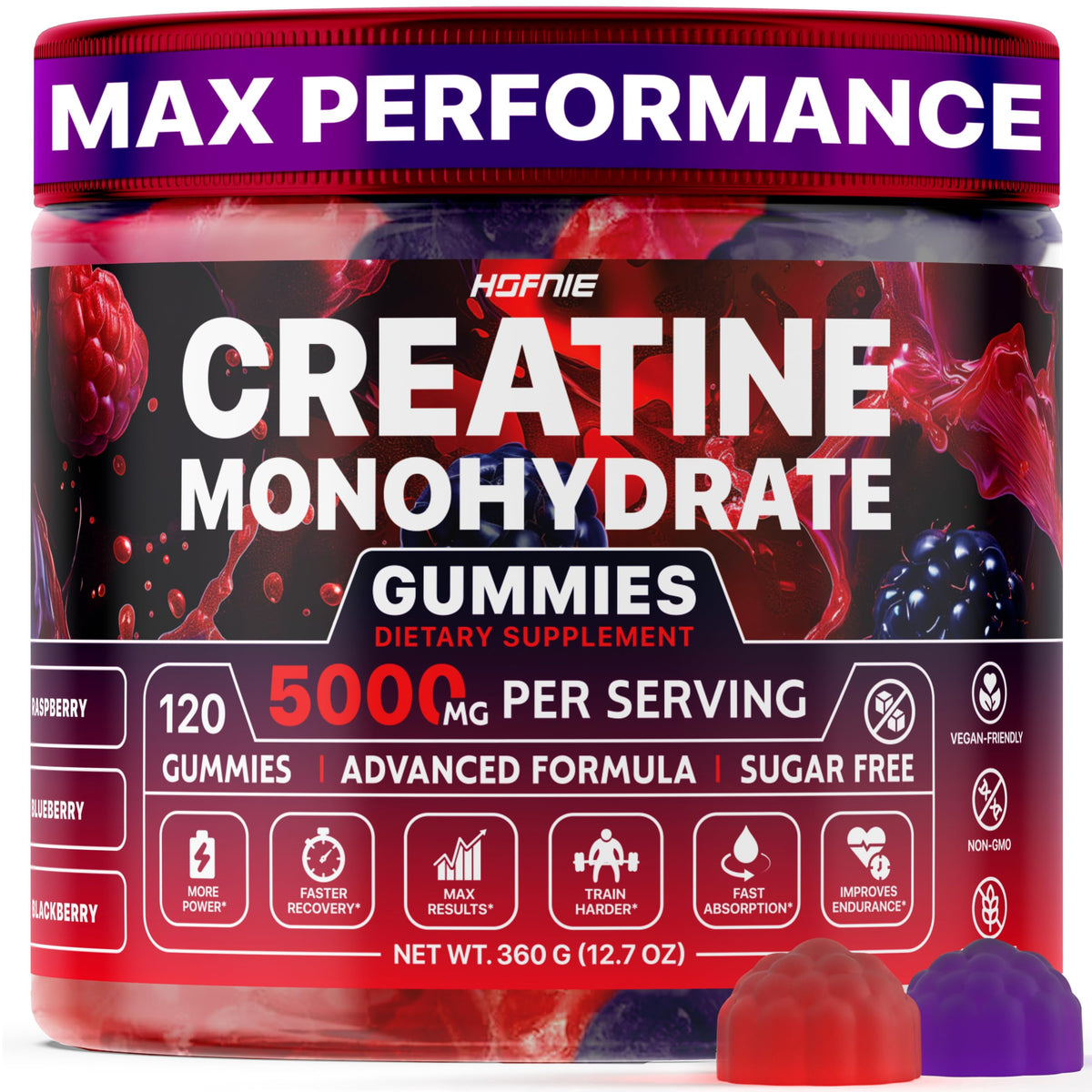 Gummies de créatine monohydrate Hofnie, pot de 120 gummies