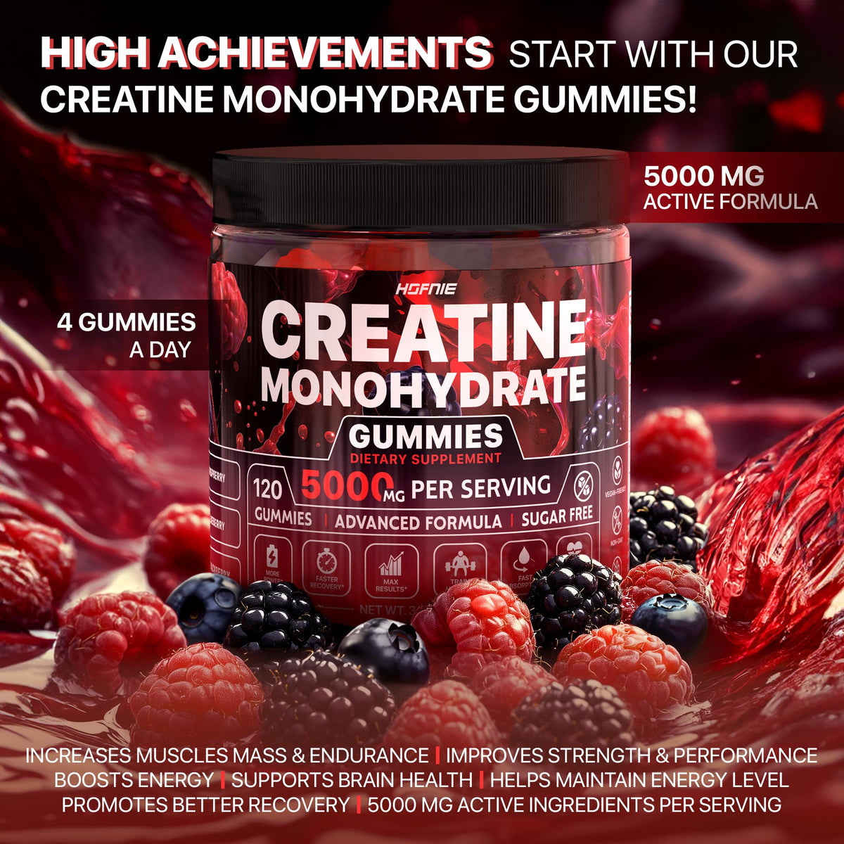 Gummies de créatine monohydrate Hofnie, vue de côté avec étiquette