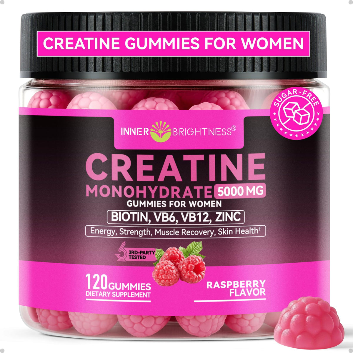 Gummies de créatine monohydrate Inner Brightness 5000mg devant un fond neutre