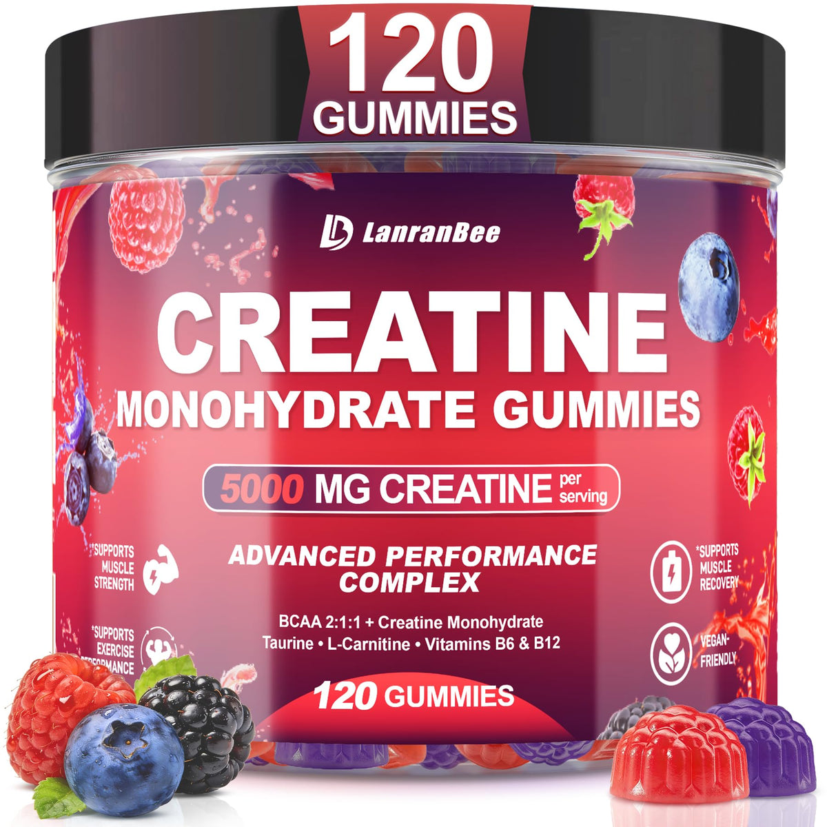Gummies de créatine monohydrate LanranBee en pot, vue de face