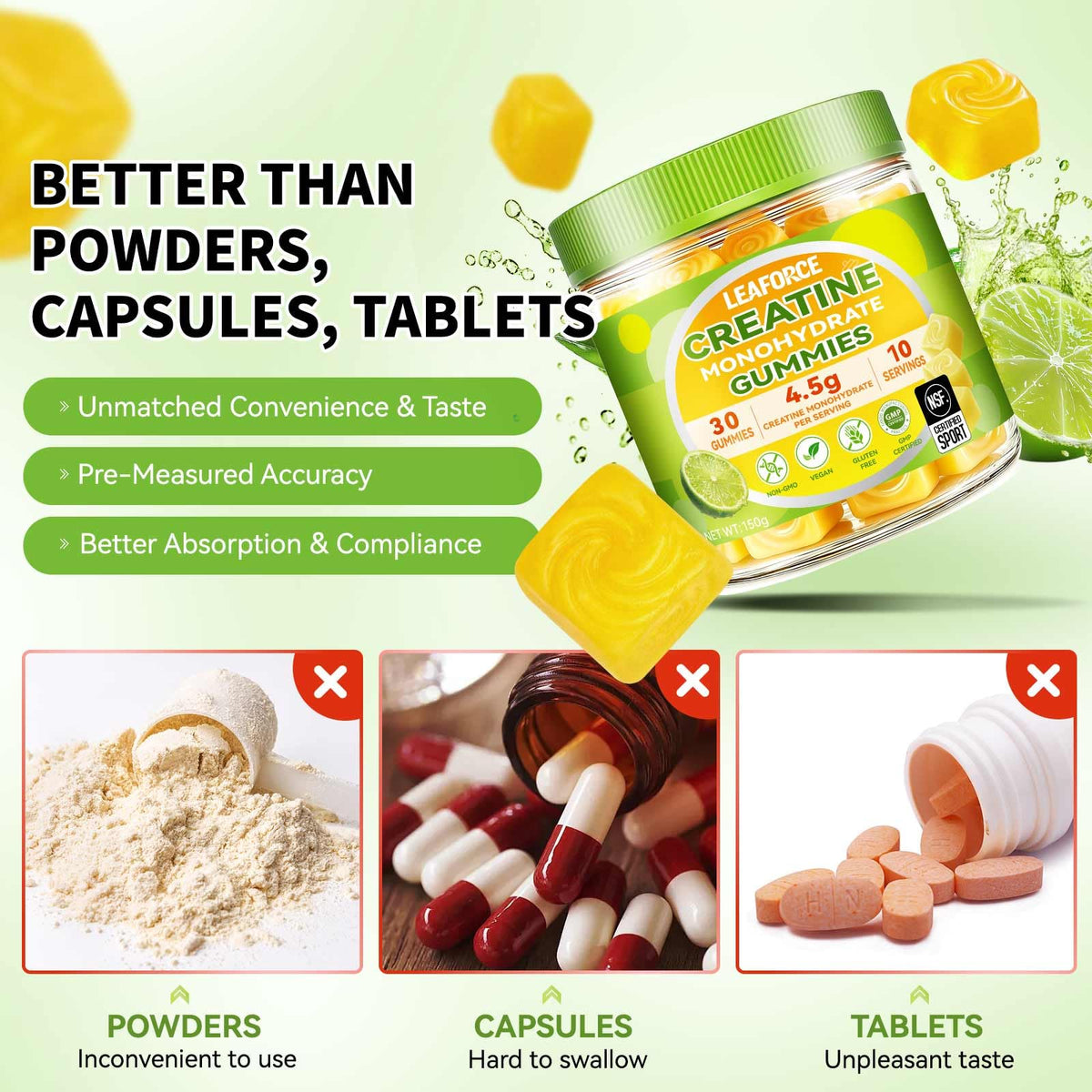 Gummies de créatine monohydrate LEAFORCE, vue de côté